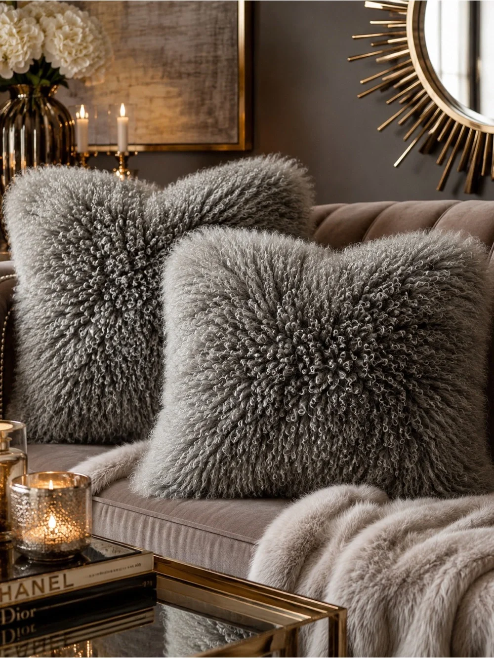 West Elm Gray Mongolian Lamb Fur Pillows - 24 x 24